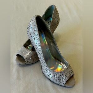 Heart in D Rhinestones Platform Peep Toe High Heels Pump Shoe Champagne Size 10